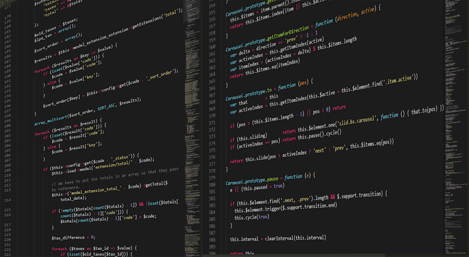 Close-up image of a computer screen displaying lines of programming code in a dark-themed integrated development environment (IDE). The code includes various colored syntax highlighting for text, vari